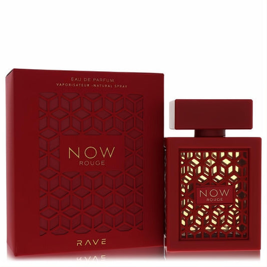 Luxurious Lattafa Rave Now Rouge 3.4 oz EDP. Bold red bottle features a stunning gold geometric design, with matching embossed box.