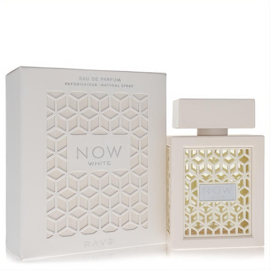 Lattafa Rave Now White 3.4 oz EDP. Elegant white bottle and box with modern geometric cutout design, showcasing 'NOW WHITE'.