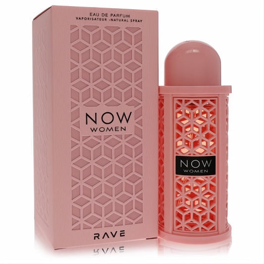Lattafa Rave Now 3.4 oz women's EDP. Chic pink bottle with intricate geometric cutouts & matching box.