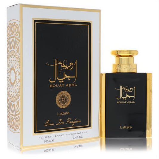 Lattafa Rouat Ajial 3.4 oz unisex EDP. Elegant black and gold bottle with a luxurious white and gold decorative presentation box.