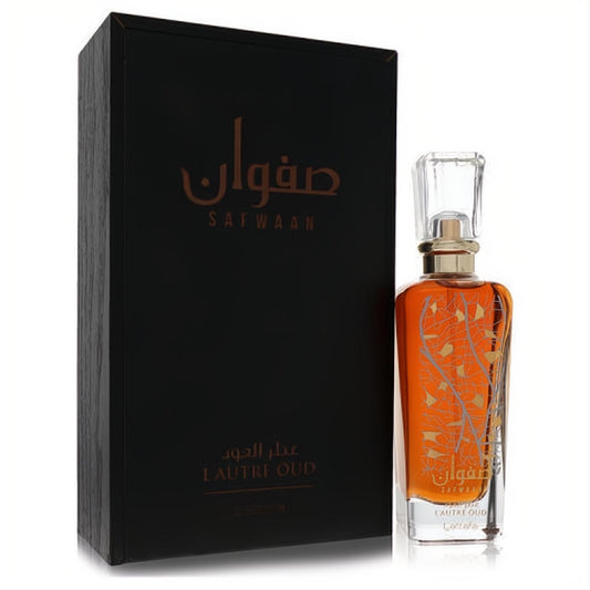 Luxurious Lattafa Safwaan L'autre Oud 3.4 oz unisex EDP. Amber bottle with gold leaf design and elegant dark wood box.