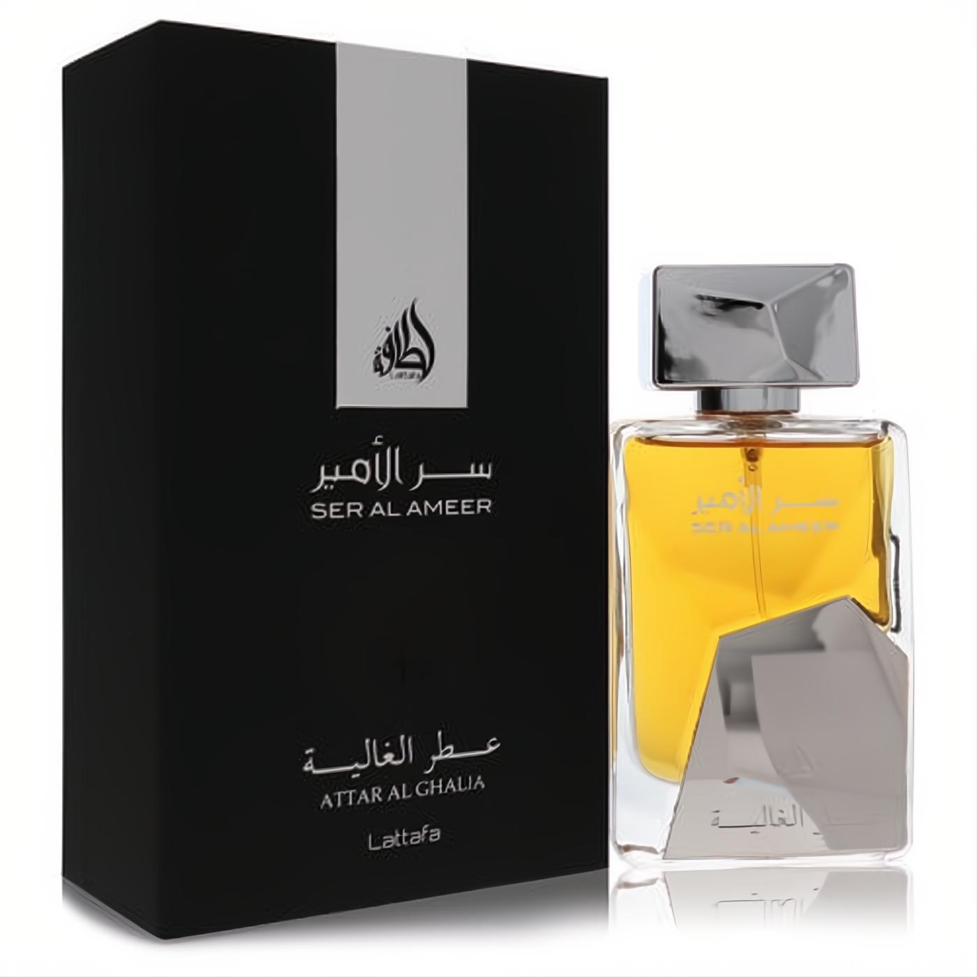 Lattafa Ser Al Ameer unisex Eau De Parfum. Elegant black box, striking amber liquid in a modern silver geometric bottle.