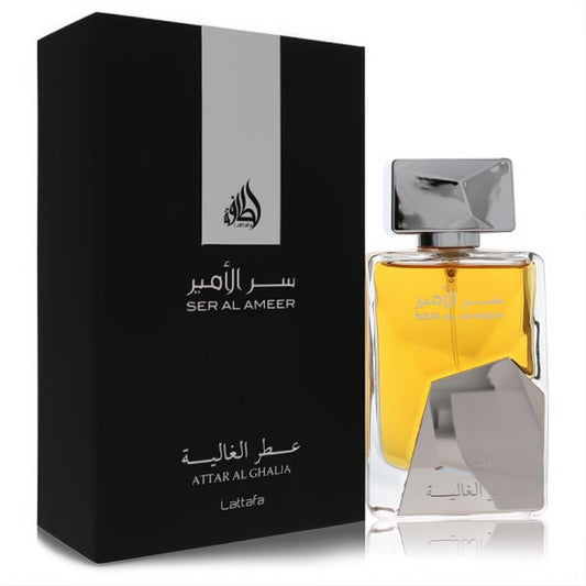 Lattafa Ser Al Ameer unisex Eau De Parfum. Elegant black box, striking amber liquid in a modern silver geometric bottle.