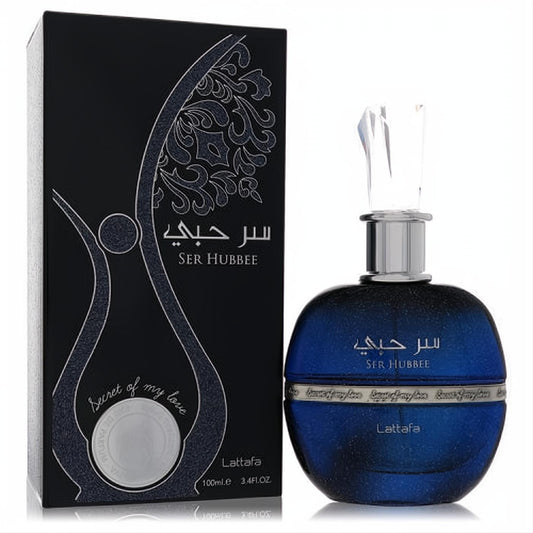 Captivating Lattafa Ser Hubbee 3.4 oz women's EDP. Features a sleek deep blue bottle with a clear faceted cap and elegant black box.