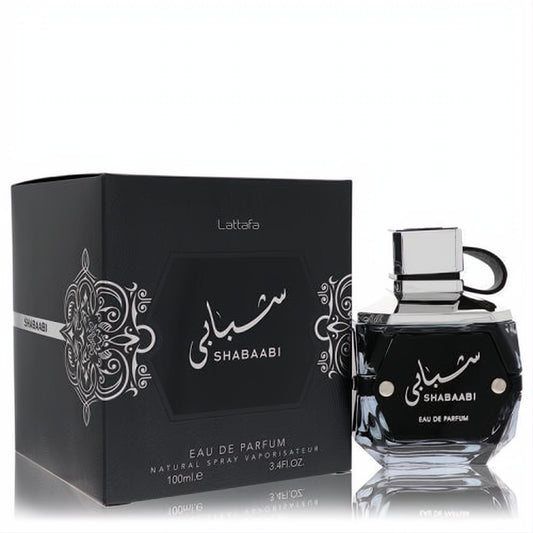 Lattafa Shabaabi unisex Eau De Parfum. Elegant black 3.4 oz bottle with silver cap, beside its luxurious black patterned box.