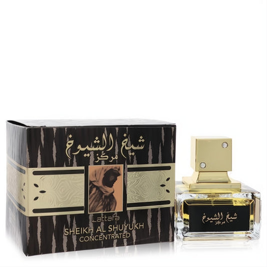 Luxurious Lattafa Sheikh Al Shuyukh 3.4 oz concentrated unisex EDP. Clear glass bottle, bold gold cap, and ornate black & gold box.