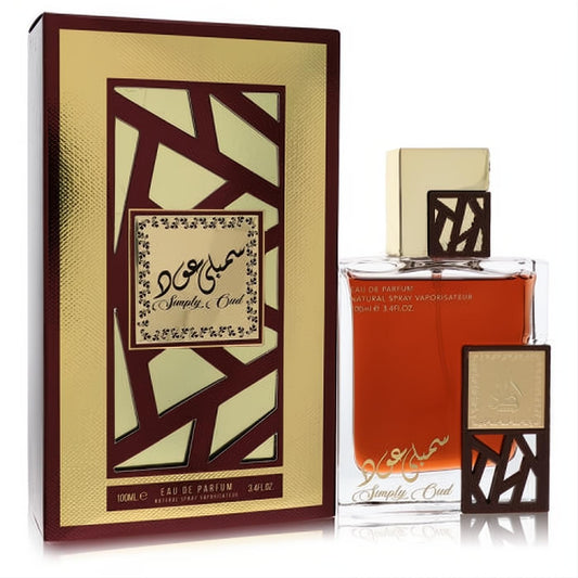 Luxurious Lattafa Simply Oud 3.4 oz unisex EDP. Amber fragrance in an elegant glass bottle with gold cap and matching maroon & gold box.
