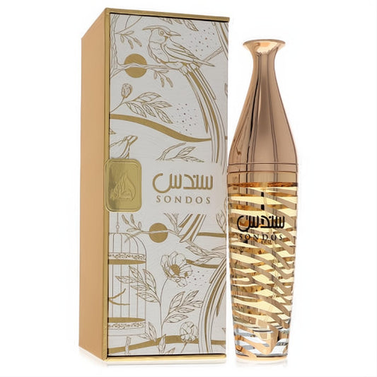 Elegant Lattafa Sondos 3.4 oz women's perfume. Rose gold bottle with unique striped design, paired with a decorative gold and white bird-art box.