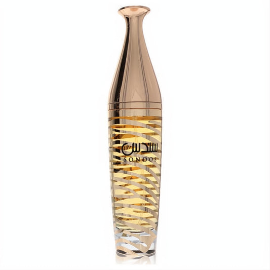Lattafa Sondos women's EDP in a stunning bottle with a radiant gold metallic top and clear glass body featuring elegant gold stripes.