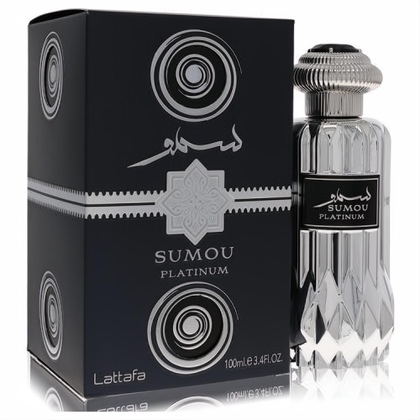 Lattafa Sumou Platinum 3.4 oz unisex Eau De Parfum. Elegant black box and stunning silver faceted bottle.