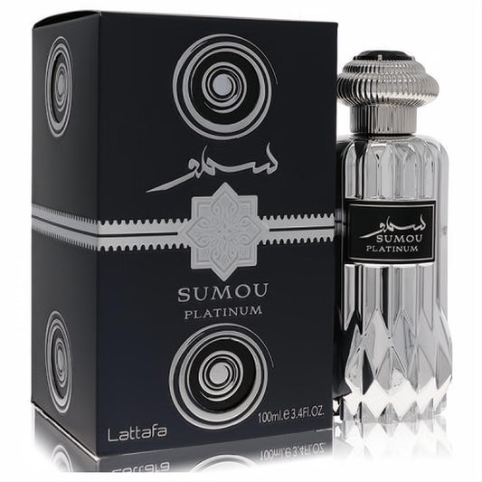 Lattafa Sumou Platinum 3.4 oz unisex Eau De Parfum. Elegant black box and stunning silver faceted bottle.