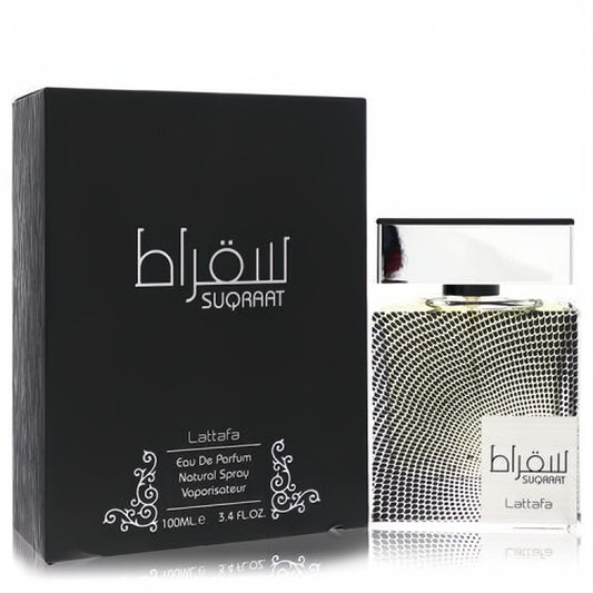 Lattafa Suqraat 3.4 oz men's EDP. Elegant black box, clear bottle with unique textured design and sleek silver cap.