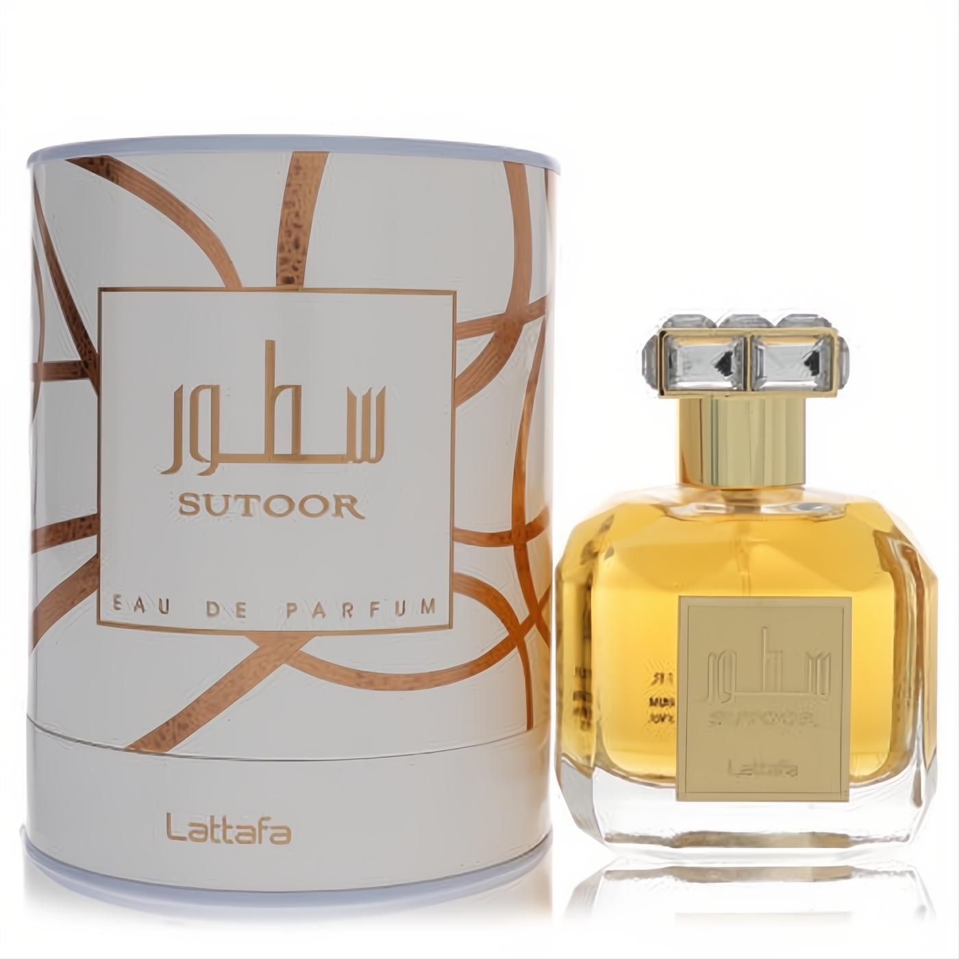 Lattafa Sutoor 3.4 oz unisex EDP. Golden liquid in a clear faceted bottle with a crystal-top gold cap, beside elegant white and gold packaging.