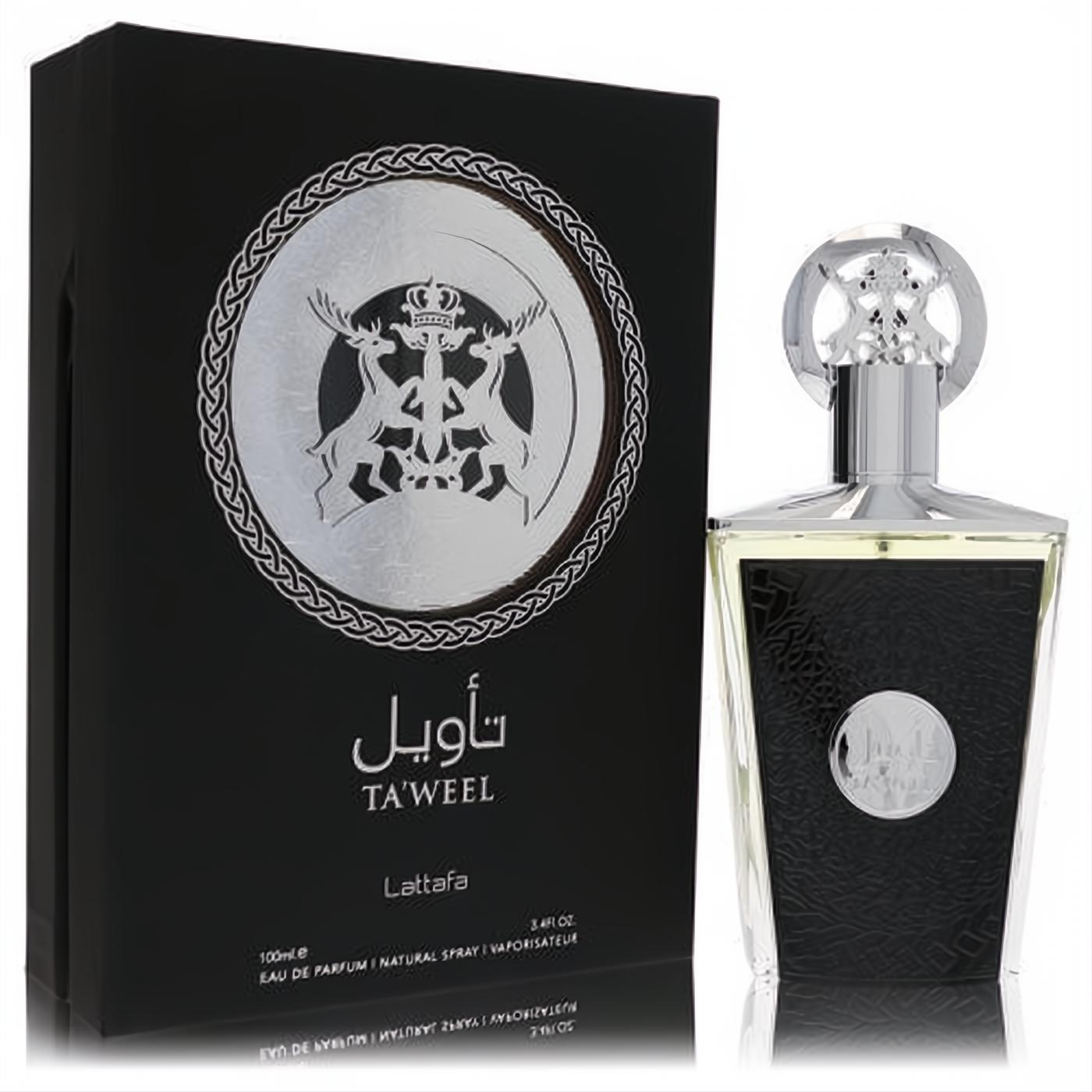 Lattafa Taweel 3.4 oz unisex EDP spray. Features a sleek black textured bottle with a majestic silver deer cap and matching emblem box.