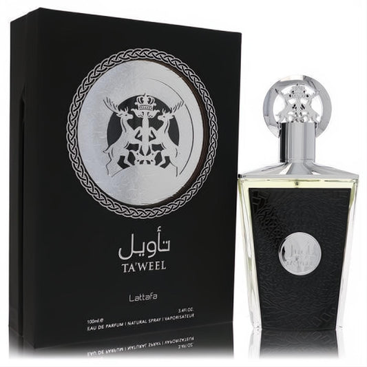 Lattafa Taweel 3.4 oz unisex EDP spray. Features a sleek black textured bottle with a majestic silver deer cap and matching emblem box.