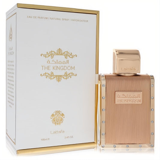 Lattafa The Kingdom 3.4 oz men's EDP. Luxurious rose gold ribbed bottle with gold trim and sparkling crystal accents.