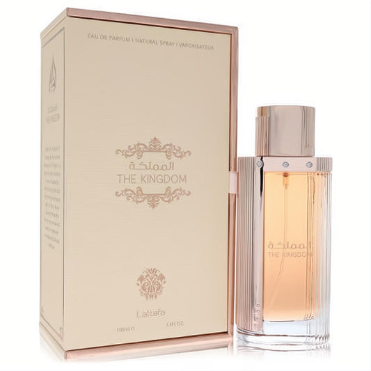 Experience Lattafa The Kingdom 3.4 oz EDP. Luxurious amber fragrance in a clear bottle with rose gold trim and elegant beige box.