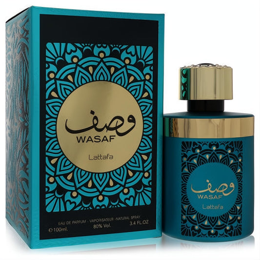 Lattafa Wasaf unisex 3.4 oz Eau De Parfum. Elegant teal bottle & box with intricate black patterns and a luxurious gold cap.