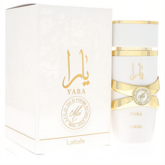 Luxurious Lattafa Yara Moi 3.4 oz EDP. White bottle with gold Arabic script, elegant ribbon detail, and matching box.