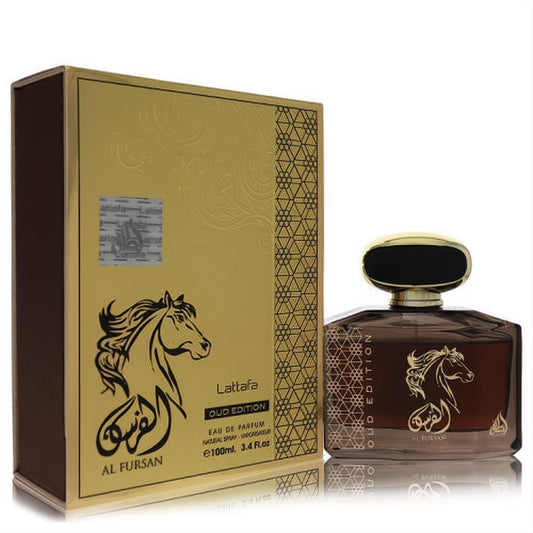 Captivating Lattafa Al Fursan Oud Edition 3.4 oz unisex EDP. Dark amber bottle, gold cap, and elegant box with a majestic horse design.