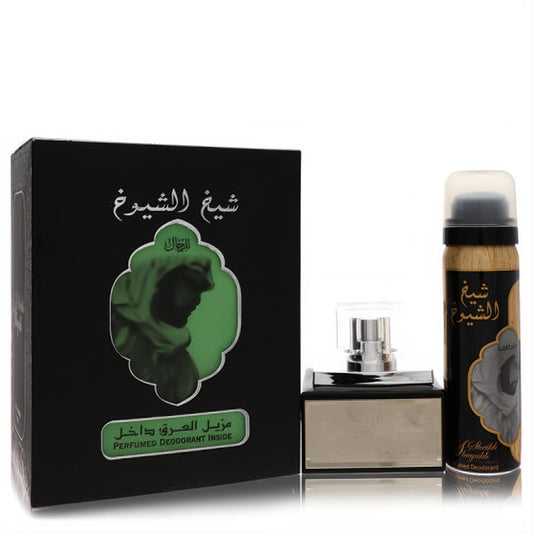 Lattafa Sheikh Al Shuyukh men's EDP and deodorant gift set. Elegant black box, sleek black & silver perfume, gold spray.