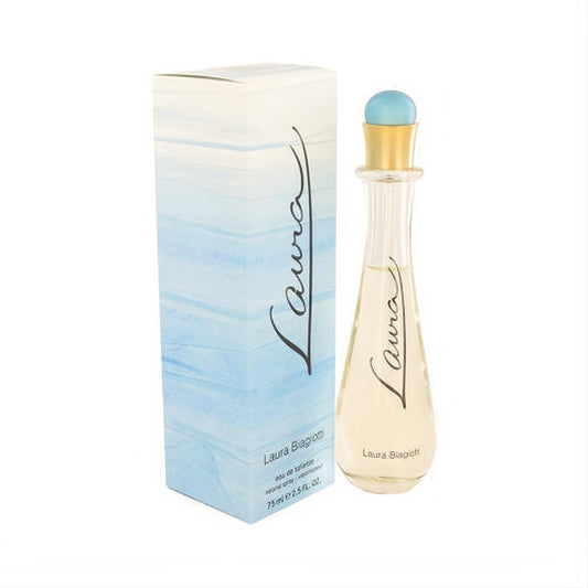 Laura Biagiotti Laura 2.5 oz Eau De Toilette. Elegant clear glass bottle with a blue cap, gold neck, and matching blue-wave box.