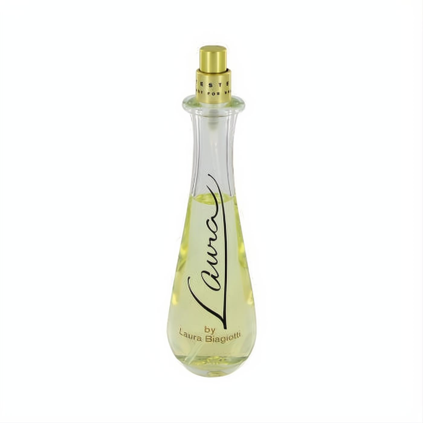 Laura Biagiotti Laura EDT Tester 2.5 oz spray. Clear glass bottle, gold cap, and light yellow fragrance.