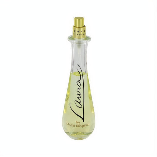 Laura Biagiotti Laura EDT Tester 2.5 oz spray. Clear glass bottle, gold cap, and light yellow fragrance.
