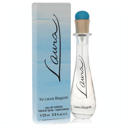 Laura Biagiotti Laura 0.8 oz EDT spray: elegant clear glass bottle with a distinctive blue and gold cap, beside its serene blue box.