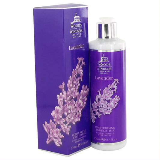 Luxurious Woods of Windsor Lavender Body Lotion, 8.4 oz. Purple bottle with silver pump and matching box, featuring elegant lavender blooms.