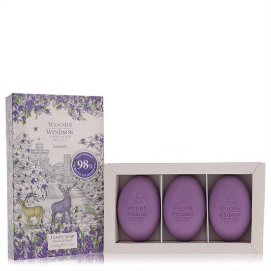 Elegant Woods of Windsor Lavender Fine English Soap set: three 2.1oz oval purple bars in a white tray, beside a decorative floral box.**