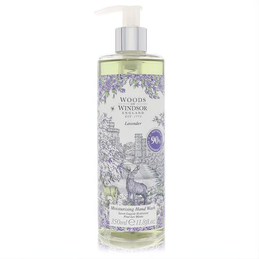 Woods of Windsor Lavender Hand Wash, 11.8oz. Clear bottle, silver pump, and an elegant label featuring deer, a castle, and lavender florals.