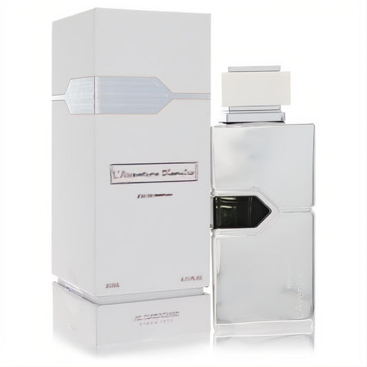 L'aventure Blanche by Al Haramain 6.7 oz unisex EDP. Modern metallic silver bottle with angular design and elegant white box.