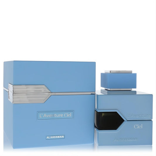Elegant L'aventure Ciel by Al Haramain 3.3 oz Extrait De Parfum. Sky blue rectangular bottle and matching box with sleek silver details.