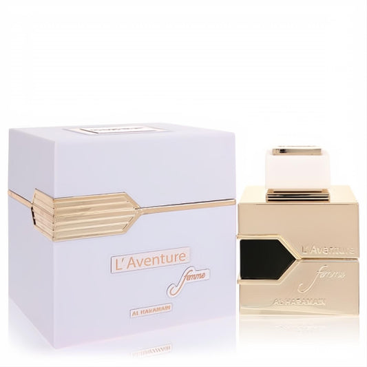 Luxurious L'aventure Femme Al Haramain 3.3 oz Eau De Parfum spray in a stunning gold bottle with elegant white and gold box.