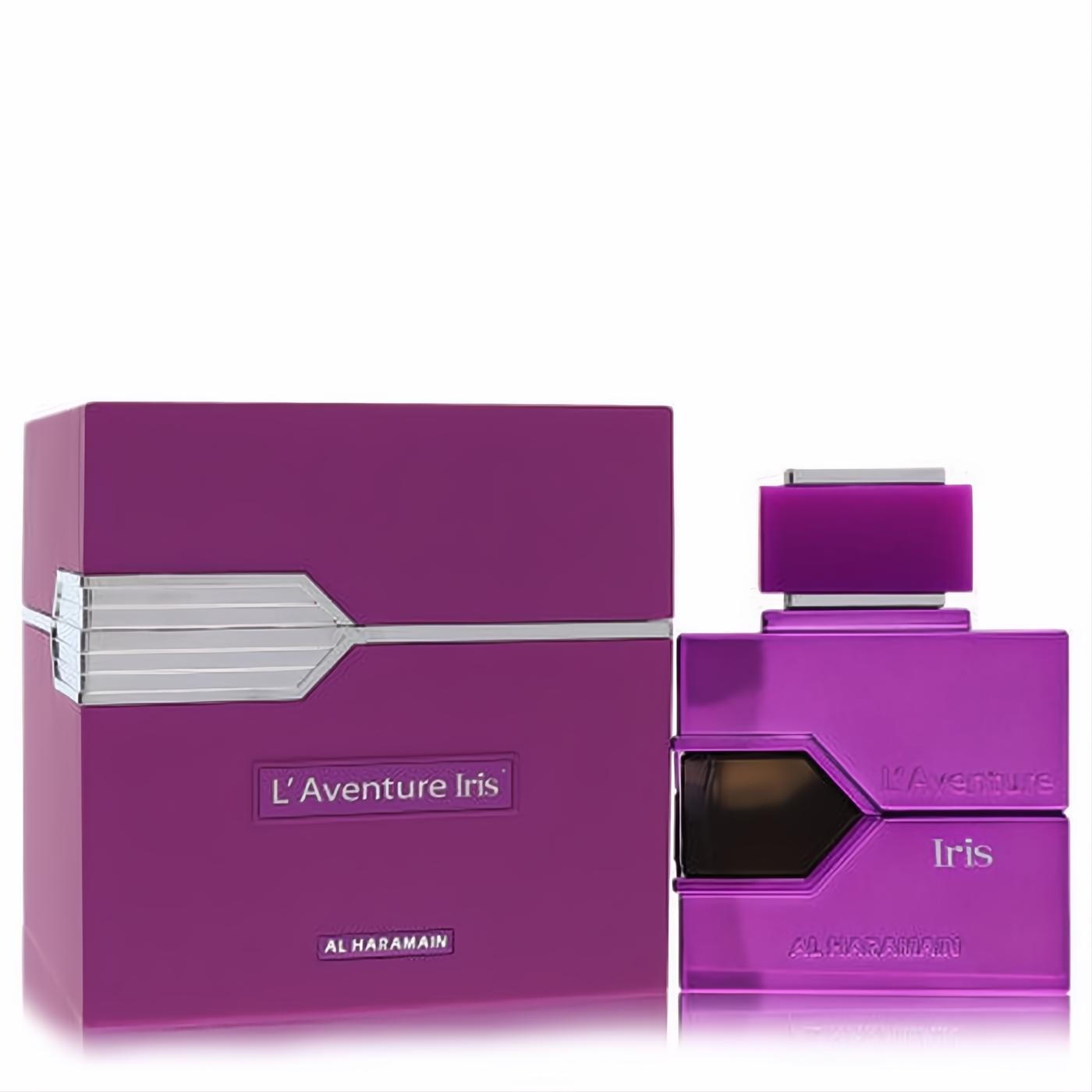 Elegant deep purple L'aventure Iris Al Haramain parfum bottle with silver cap and matching box featuring a metallic accent.