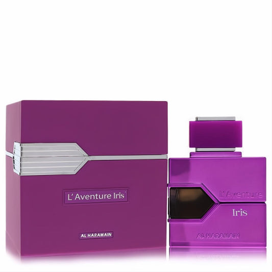 Elegant deep purple L'aventure Iris Al Haramain parfum bottle with silver cap and matching box featuring a metallic accent.