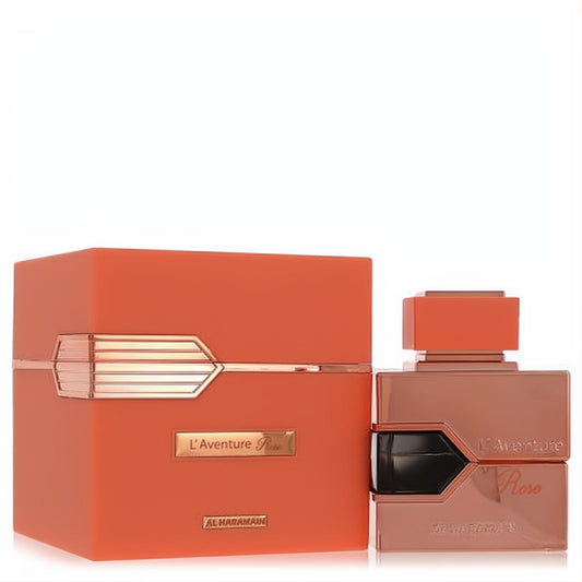 L'aventure Rose 3.4 oz EDP by Al Haramain. Elegant rose gold bottle with black accent and matching terracotta box.