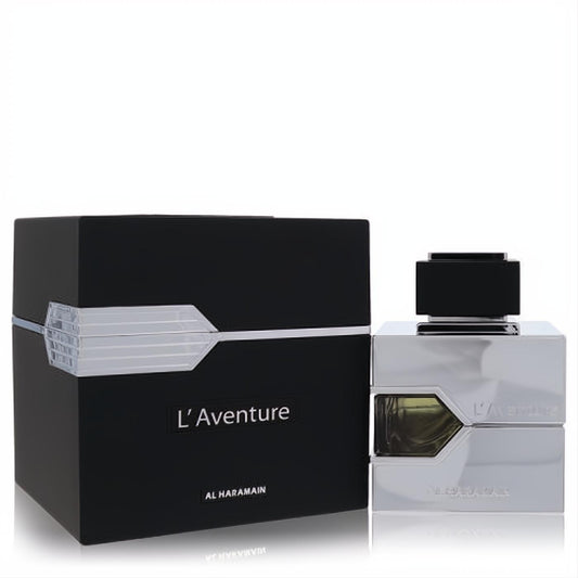 L'Aventure Al Haramain 3.3 oz men's EDP. Modern silver bottle with black cap, unique cut-out, and elegant black box.