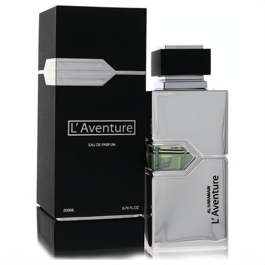 Elevate your style with L'Aventure Al Haramain 6.7 oz men's Eau De Parfum. Sleek silver bottle, black cap, and elegant black box.