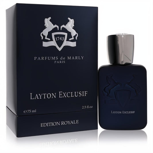 Experience Parfums De Marly Layton Exclusif 2.5 oz men's EDP. Elegant dark blue bottle, silver cap, and iconic horse crest with box.