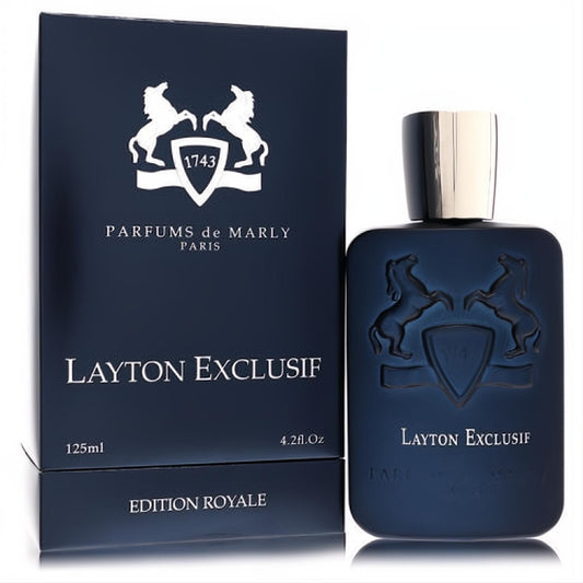 Experience Layton Exclusif 4.2 oz dark blue EDP bottle with silver cap, embossed horse logo, and elegant box.