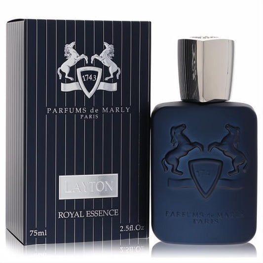 Parfums De Marly Layton Royal Essence 2.5 oz men's EDP. Sleek dark blue bottle, silver cap, horse emblem, and elegant striped box.