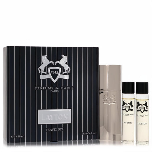 Luxurious Layton Royal Essence Parfums De Marly travel set. Black striped box, silver logo, with one sleek silver and two clear 10ml EDP sprays.