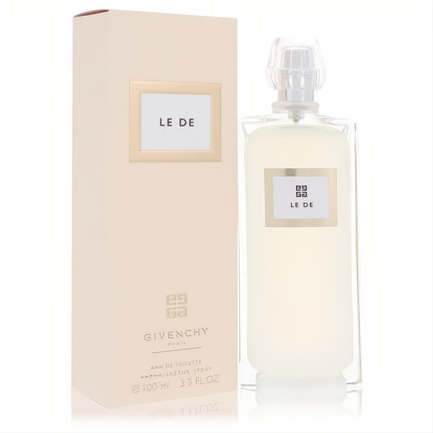 Le De Givenchy 3.4 oz Eau De Toilette spray. Elegant clear glass bottle and pale beige box with classic gold accents.
