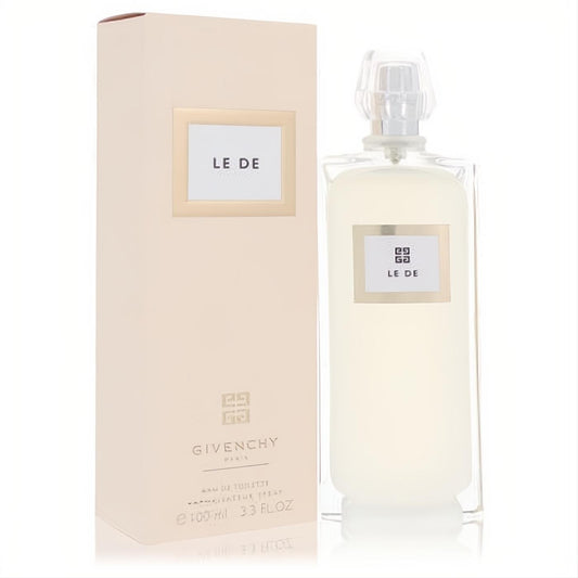 Le De Givenchy 3.4 oz Eau De Toilette spray. Elegant clear glass bottle and pale beige box with classic gold accents.