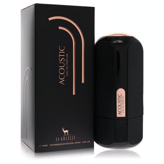 Elegant black Le Gazelle Acoustic 3.4 oz unisex Eau De Parfum spray with rose gold accents and unique textured bottle design.