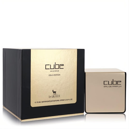 Le Gazelle Cube Gold Edition 2.53 oz men's Eau De Parfum. Sleek gold cube bottle and luxurious black & gold packaging.