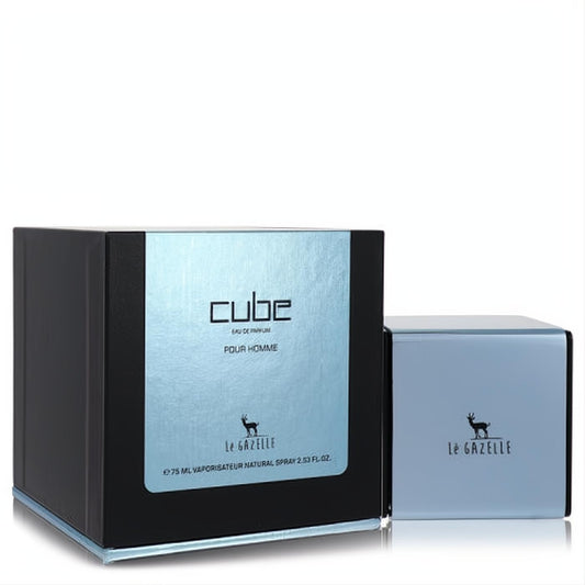 Le Gazelle Cube 2.53 oz men's eau de parfum. Elegant black and light blue box with sleek cube bottle. A sophisticated fragrance.