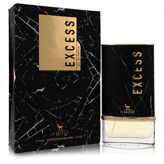 Luxurious Le Gazelle Excess unisex Eau De Parfum spray, 2.7 oz. Features a bold black and gold marble-design bottle and box.